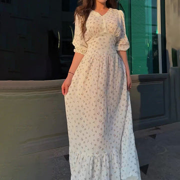 Women's Summer V-Neck Lantern Half-Sleeved High-Waisted Temperament Splicing Dress